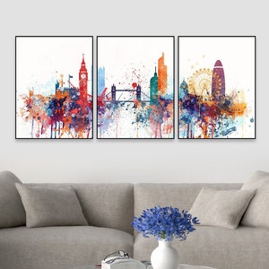 London Skyline / Acuarela Set of 3 / Wall art Prints / Triptych London Poster / Travel Gift Idea Wall Prints Art Office Décor