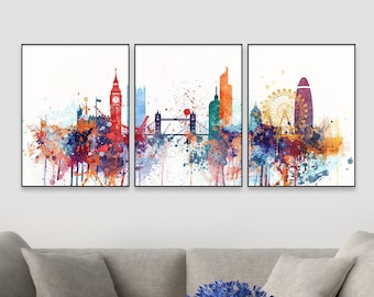 London Skyline | Watercolour Set of 3 | Wall art Prints | Triptych London Poster | Travel Gift Idea Wall Prints Art Office Décor
