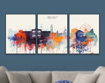 Set of 3 Belfast Skyline Prints, Northern Ireland wall art, Watercolour Belfast skyline, Triptych, Set of 3 Travel Poster - 19623IT