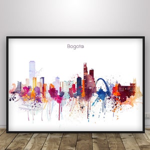 Bogota Poster, Watercolor Bogota Skyline Print, Home Decor, Colombia Cityscape Wall Art, Typography art, Travel Memory Gift