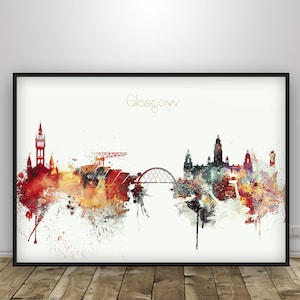Glasgow Skyline Print, Scotland Watercolor Art Print, Scottish Cityscape, Home Decor, Birthday Gift