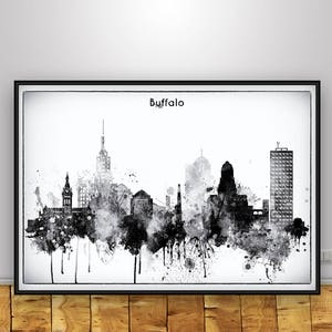 Buffalo Black White NY Skyline Print, City of Buffalo Watercolor Art Print, Buffalo NY Cityscape, New Home  Decor, Office Decor Gift