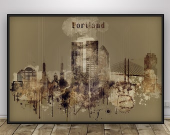 Portland Vintage Watercolor Poster, Oregon Art Decor, Portland Skyline print, Wall art, Office decor, Travel wall art, Birthday gift