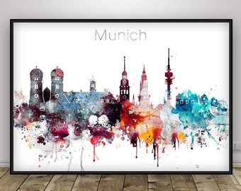 May include: A watercolor painting of the Munich skyline with colorful splashes of paint. The painting features the Frauenkirche, the Munich Residenz, and the Olympic Tower.
