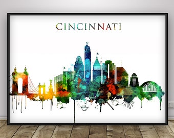 Cincinnati Skyline Print, Ohio Poster, Home Decor, Wall art, Cincinnati Watercolor Artwork, Typography