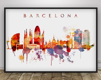 Barcelona-Skyline-Aquarell-Kunstdruck, Spanien-Reisedeko