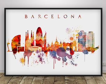 Barcelona Skyline Print, Spain Watercolor Art Print, Catalonia Cityscape, Home Decor, Travel Decor, Birthday Gift