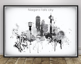 Niagara Falls City Poster, Black White Ontario print, Canada skyline, Watercolour Canada cityscape, Travel poster, Wall art Gift, Home decor