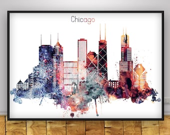 Chicago watercolor print, Chicago skyline poster, Home Decor, Wall art, Illinois cityscape poster, typography art, travel  memory gift