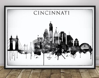 Cincinnati Black White Skyline Print, Ohio Poster, Home Decor, Wall art, Cincinnati Aquarelle Artwork, Typographie, Voyage