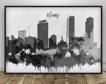 Miami Black White Skyline poster, Florida print, Skyline Wall Art, Home Decor, Office decor, Watercolor print, Gift city print