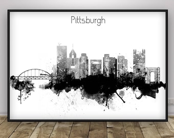 Pittsburgh Skyline Black and White, Pittsburgh Pennsylvania Cityscape Art Print, Travel poster, Office Art Print, Wall Hanging, Home Decor