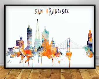 San Francisco poster, San Francisco skyline art, San Francisco Wall Art, Office decor, Travel poster, Home Decor, Watercolor print, Gift