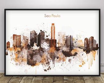 Sao Paulo Brown Poster, Brazil watercolor print, Sao Paulo skyline, Vertical Bedroom Decor, Home Decor, Wall art, Sao Paulo cityscape poster