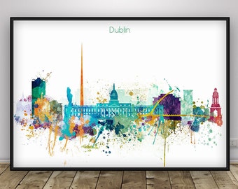 Dublin Skyline Print, Green Ireland Skyline Poster, Cityscape , Gift Idea Home Decor,  Wall Hanging, City Skyline Home Decor