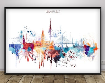 Hamburg Skyline Print, Watercolor Skyline Poster, Germany Wall Art, Office decor, Travel poster, Home Decor, Art Print