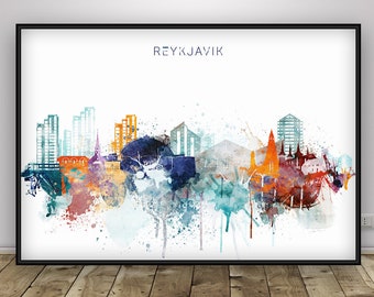 Reykjavik Skyline Druck, Island Poster, Home Decor, bunte Wandkunst, skandinavische Aquarell Kunstwerk, Typografie Reise Wohnkultur