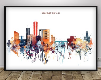 Cali Print, Watercolor Colombia Skyline Poster, Home Decor, Santiago de Cali Cityscape Wall Art, Typography art, Travel Memory Gift