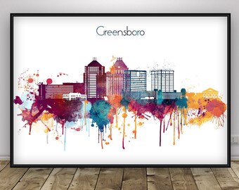 Greensboro Skyline, North Carolina print, Travel wall art, Home Decor, Greensboro Watercolor print, Greensboro city poster, Gift Idea