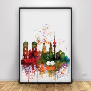 Munich print, Munich Watercolor skyline, Germany Wall Art, Office decor, Travel poster, Home Decor, Art Print Bavaria