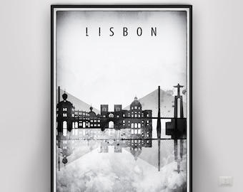 Lisbon Black White Poster Portugal Capital Art Print Lisbon City watercolour Travel Poster Skyline Wall art Office decor Travel Decor Lisboa