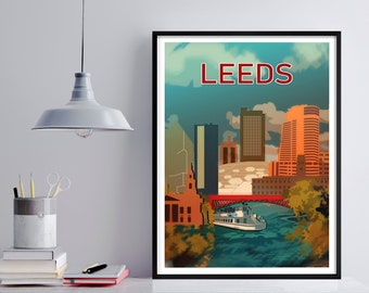 Leeds Retro Print, UK Wall art Art Print, Poster, Travel Print, Travel Poster, Wall Art, Living Room Prints,  UK City Print