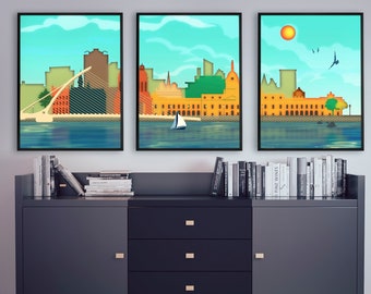 Dublin Posters - set of 3 pieces wall art triptych of Ireland skyline prints. Retro Style Office Décor, Irish Travel Prints