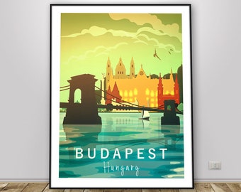 Budapest Skyline Travel Poster - Hungary Print, Budapest Retro Style Art, Giclée Wall Art, Wedding gift, Birthday present