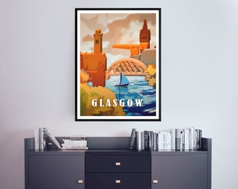 Glasgow Retro Print, Scotland Wall Art Print, Poster, Travel Print, Travel Poster, Wall Art, Living Room Prints, UK City Print Decor