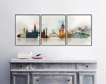 Set of 3 Glasgow Prints, Scotland 3 pieces wall art triptych of Glasgow skyline Travel Gift Idea Office Decor