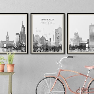 Buffalo NY Set of 3 prints, Black White Buffalo 3 pieces wall art triptych of Buffalo skyline wall art Travel Gift Idea Prints Office Decor