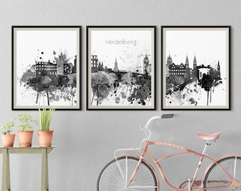 Heidelberg Set of 3 prints Germany City 3 pieces wall art Black White triptych of Heidelberg skyline Travel Gift Idea Prints Office Decor