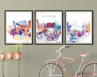 Luxembourg Set of 3 prints Luxembourg 3 pieces wall art triptych of Europe skyline Travel Gift Idea Prints Art Office Decor
