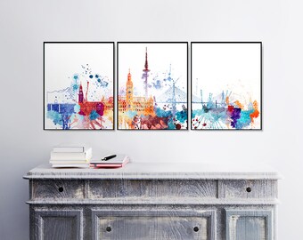 Hamburg prints, 3 pieces wall art, triptych of Germany skyline, Set of 3 wall art, Travel Gift Idea Europe Prints Art Office Decor