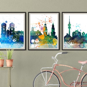 Munich prints, Munich 3 pieces wall art, triptych of Munich skyline, Set of 3 wall art, Travel Gift Idea, Germany Prints, Art Office Decor