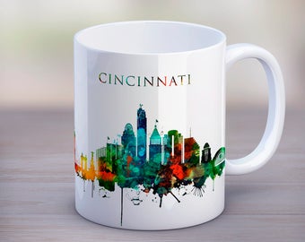 Cincinnati Watercolor City Mug, Original USA Skyline Tea Cup, Watercolor Silhouette, Ohio Travel gift Office gift Mug 11oz 