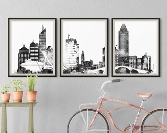 Set of 3 Montreal Skyline Black White Prints Downtown Triptych Canada Print 3 pieces wall art Travel Gift Idea Wall Prints Art Office Decor