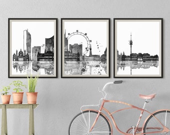 Set of 3 Vienna prints, Black White Vienna 3 pieces wall art triptych of Vienna Austria skyline Travel Gift Idea Prints Office Decor