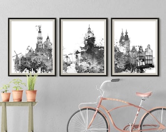 Amsterdam Set of 3 prints Black White Amsterdam 3 pieces wall art triptych of Netherlands skyline Travel Gift Idea Prints Office Decor