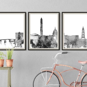 Washington D.C. Set of 3 Black White Skyline Wall Decor Watercolor Prints Downtown Triptych Washington Travel Gift Idea Prints Office Decor