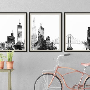 San Francisco Set of 3 Skyline Black White Prints Downtown Triptych California Print 3 pieces Travel Gift Idea Wall Prints Art Office Decor