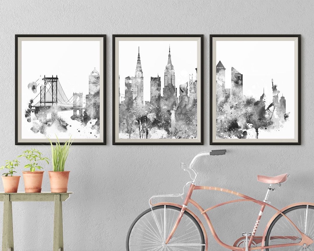 NYC Art Print Set of 3 Skyline New York Black White Triptych Downtown ...