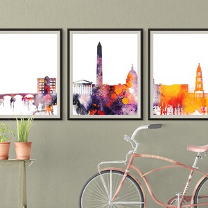 Washington D.C. Set of 3 Skyline Wall Decor Watercolor Prints Downtown Triptych Washington Travel Gift Idea Prints Art Office Decor
