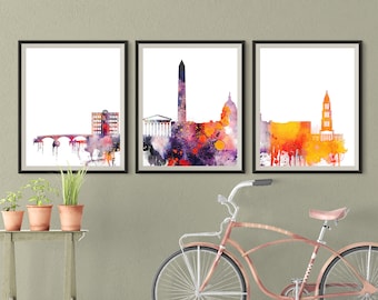 Washington D.C. Set of 3 Skyline Wall Decor Watercolor Prints Downtown Triptych Washington Travel Gift Idea Prints Art Office Decor