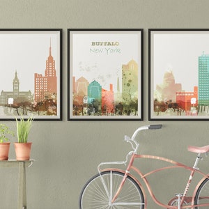 Buffalo NY Set of 3 prints, Buffalo 3 pieces wall art triptych of Buffalo skyline wall art Travel Gift Idea Prints Art Office Decor