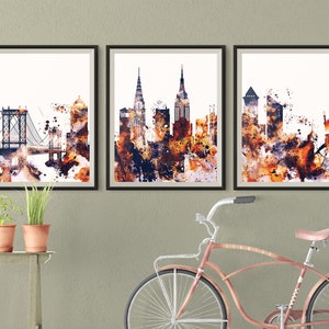 New York set of 3 prints, New York 3 pieces wall art, triptych of New York skyline wall art Travel Gift Idea NYC Prints Art Office Decor