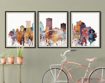 Rochester Set of 3 Skyline Prints Downtown Triptych New York Print 3 pieces wall art Traveler Gift Idea Wall Prints Art Office Decor