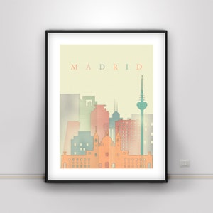 Madrid Print Modern Style Skyline Spain City Wall Art Cityscape Europe Watercolor Pastel Poster Typography Home Decor Travel Gift