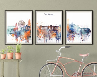 Toulouse Set of 3 prints, Colorful France 3 pieces wall art, Triptych of Toulouse skyline watercolour Travel Gift Idea Prints Office Decor