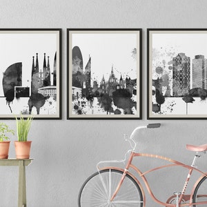 Barcelona Set of 3 prints Black White Barcelona 3 pieces wall art triptych of Barcelona Spain skyline Travel Gift Idea Prints Office Decor